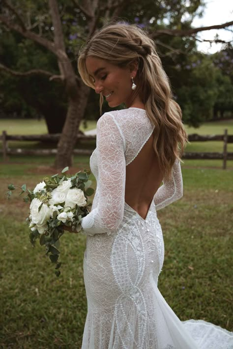 Long Sleeve Lace Wedding Dress Long Train, Beach Wedding Dress Long Sleeve, Open Back Wedding Dress Long Sleeve, Wedding Dress Long Sleeve Open Back, Long Sleeve Fitted Lace Wedding Dress, Western Long Sleeve Wedding Dress, Long Sleeve Wedding Dress Hairstyle, Low Back Wedding Gown, Open Back Long Sleeve Wedding Dress