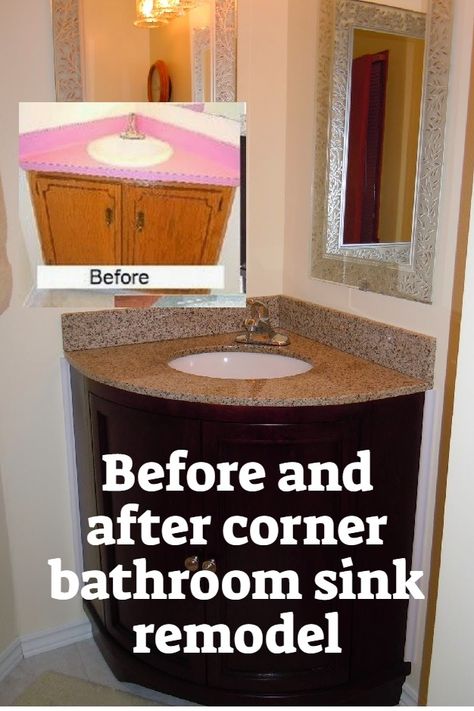 Before and After Corner Bathroom Sink Remodel. DIY Remodeling and Replacing a Corner Vanity in Bathroom #bathroom #homdecor Diy Corner Bathroom Vanity, Corner Wash Basin Ideas, Corner Bathroom Sink Ideas, Corner Mirror Bathroom, Small 1/2 Bath, Bathroom Sink Remodel Diy, Corner Bathroom Sink, Bathroom Vanity And Sink, Bathroom Sink Remodel