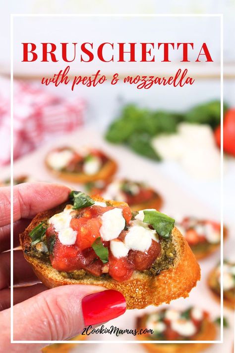 Get ready to elevate your next gathering or game night with this awesome Pesto Bruschetta! It's a breeze to whip up using a baguette, store-bought basil pesto, juicy tomatoes, and melty mozzarella cheese. Packed with fresh, zesty flavors and ooey-gooey cheese, it's guaranteed to become your new snack-time favorite. #pestobruschettarecipe Tomato Pesto Mozzarella, Pesto Bruschetta, Pesto Appetizers, How To Make Bruschetta, Easy Delicious Appetizers, Homemade Bruschetta, Bruschetta Appetizer, Pesto Bread, Tomatoes And Mozzarella