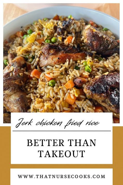 Jerk Chicken Fried Rice Recipe, Jerk Chicken Fried Rice, Jerk Fried Rice, Jamaican Fried Rice Recipe, Easy Jerk Chicken, Piped Cake, Jerk Chicken And Rice, Fried Rice At Home, Thai Fried Rice