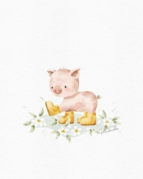 Nursery Illustration Art, Nursery Drawings, Baby Room Paintings, Procreate Watercolor, Watercolour Nursery Art, Baby Deco, Nursery Illustration, Pig Illustration, 동화 삽화