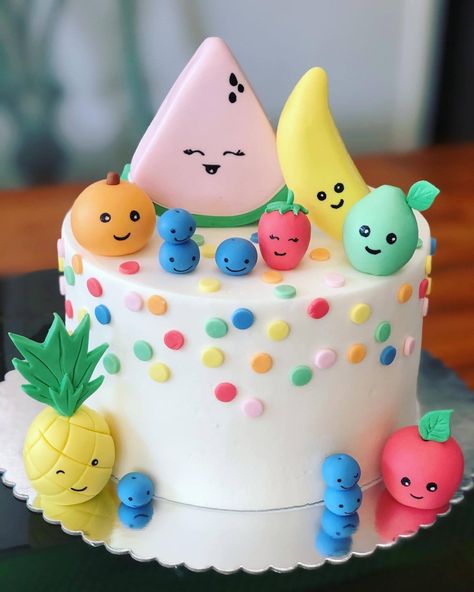 Fruity 1st Birthday Party Theme, Birthday Cake Fruit Theme, Cute Fruit Cake, Fruit Shaped Cake, Dancing Fruit Cake, Dancing Fruit Birthday Cake, Hey Bear Smash Cake, Hey Bear Sensory Birthday Cake, Hey Bear Birthday Cake