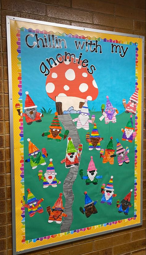 Fairy Tail Classroom Theme, Gnome Door Ideas For Classroom, Chillin With My Gnomies Bulletin Board, Magical Classroom Theme, Mushroom Bulletin Board, Mushroom Classroom Theme, Cottage Core Classroom, Mushroom Classroom, Gnome Bulletin Board