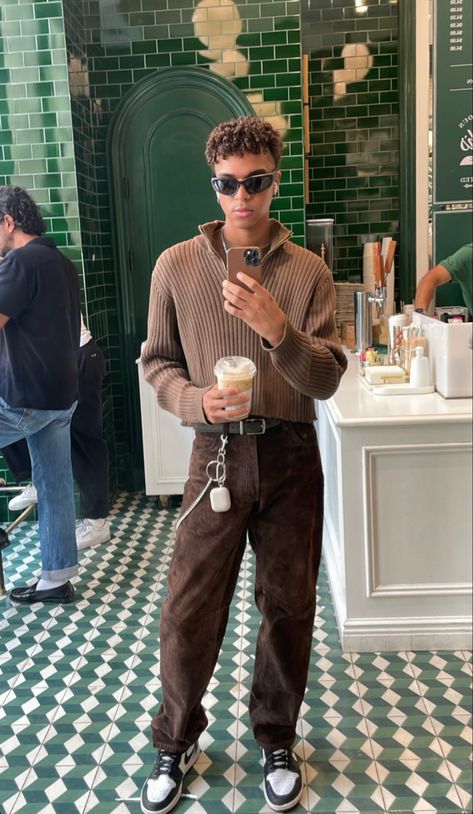 Brown Blue Outfit Men, Brown Outfit Men, Monochrome Outfit Men, Brown Monochrome Outfit, Presentation Outfit, Brown Jeans Men, Brown Ootd, Brown Monochrome, Blue Outfit Men