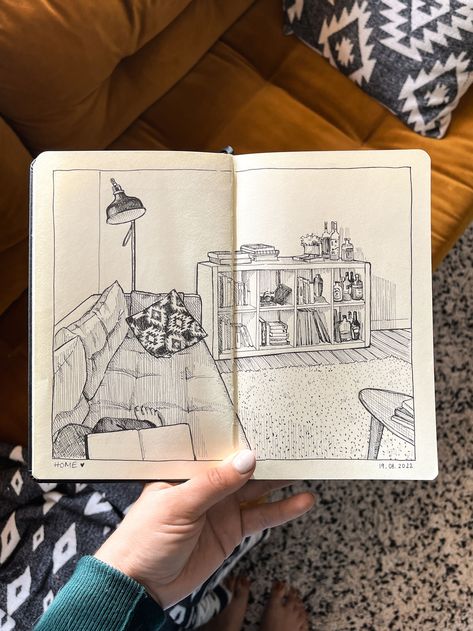 My project for course: Illustrated Diary: Fill Your Sketchbook with Experiences | Domestika Illustrated Journal Sketchbooks, Professional Sketchbook, Illustrated Diary, Art Portfolio Ideas, Drawing Diary, Fill Your Sketchbook, Sketchbook Prompts, Sketchbook Diary, Interior Design Sketchbook