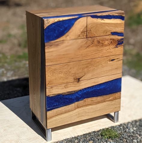 Picture of a blue epoxy and white oak chest of drawers. Bedroom Pieces, Custom Dresser, River Tables, Product Innovation, Bathtub Tray, 8 Drawer Dresser, Wood Items, Sea Glass Colors, Resin Pour