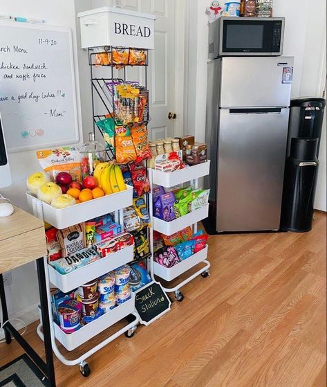 Dorm Snack Organization, After School Snack Cart, Break Room Snack Station, Snack And Coffee Station, Snack Area Office, Bedroom Snack Bar, Office Snacks Drawer, Salon Snack Bar Ideas, Snack Cart Ideas For Work