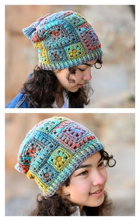 Square Scramble Slouchy Hat Crochet Pattern Crochet Square Hat Pattern Free, Granny Square Hat Pattern Free, Crochet Square Hat, Granny Square Hat Pattern, Crochet Challenge, Sweater Crochet Patterns, Granny Square Hat, Slouchy Hat Crochet Pattern, Hat Patterns Free