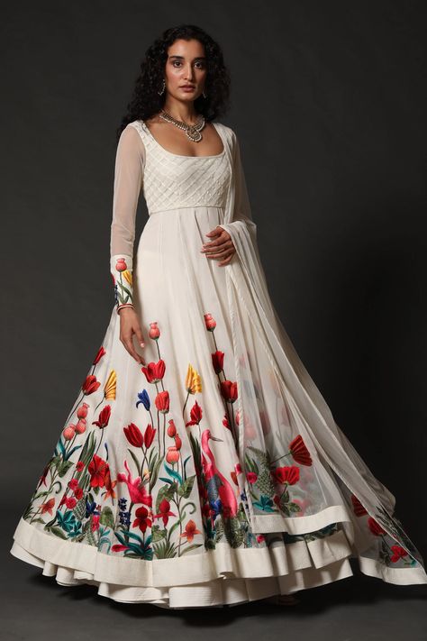 Organza Anarkali, Chanderi Anarkali, Embroidered Anarkali, Rohit Bal, White Kurta, Designer Dresses Casual, Indian Fashion Designers, Anarkali Dress, Churidar