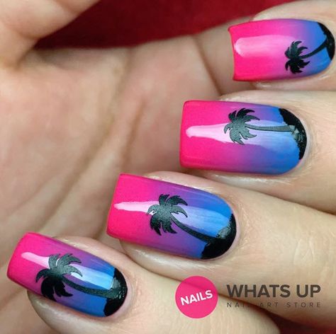 50 Fabulous Ombre Nails And Designs For The Perfect Manicure - EcstasyCoffee Sunset Nails Ombre, Vacation Nails Summer, Tropical Nail Designs, Palm Tree Nails, Sunset Nails, Nails Ombre, Nail Vinyls, Tropical Nails, Tree Nails