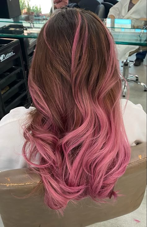 Light Pink Hair Balayage, Straight Hair Pink Highlights, Light Brown Hair With Blonde And Pink Highlights, Pink And Brown Balayage, Pink Hair Dye Ideas Brunettes, Pink Baylage Hair Light Brown, Pink Balyage Long Hair Brunettes, Brown And Pink Hair Curly, Pink And Light Brown Hair