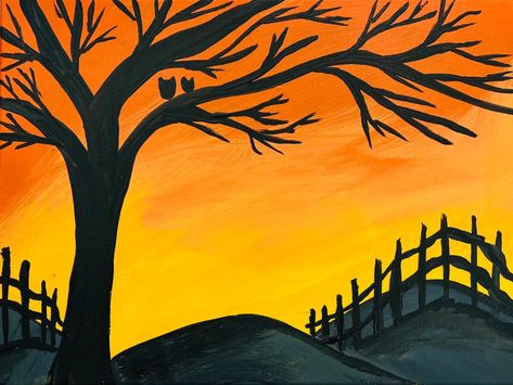 Fall Scene Painting Easy, Fall Silhouette Paintings, Fall Sunset Painting, Fall Sky Painting, Simple Fall Landscape Painting, Halloween Sunset Painting, Sunset Tree Silhouette Painting, Ball Painting, Fall Landscape Painting