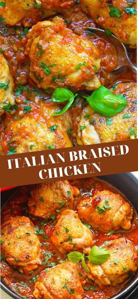 Italian Braised Chicken, Chicken Recipes Italian, Chicken Recipes With Tomatoes, Braised Chicken Recipes, Recipes Italian, Basil Sauce, Braised Chicken, Sukkot, Tomato Recipes