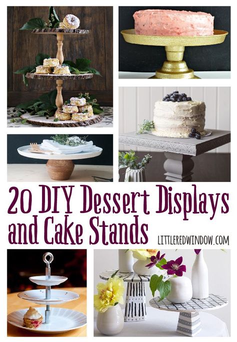 20 DIY Dessert Displays and Cake Stands! | littleredwindow.com Diy Food Display, Diy Dessert Stand, Diy Gifts Sewing, Diy Dessert Table, Diy Cupcake Stand, Crafts Cardboard, Cookie Display, Diy Cake Stand, Crafts For Beginners