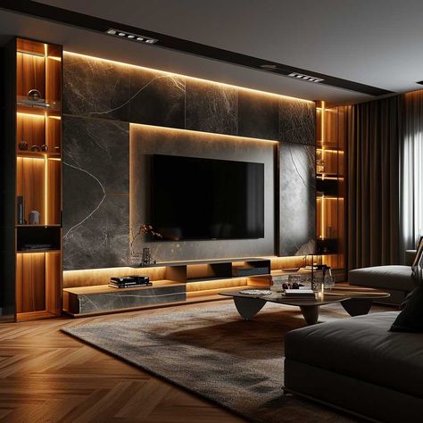 35+ Sleek and Chic TV Wall Panel Designs for a Modern Look • 333+ Images • [ArtFacade] Modern Tv Room, Modern Tv Wall Units, Stone Wall Cladding, Interior Design Singapore, Living Room Tv Unit Designs, Wall Panel Design, Tv Room Design, Tv Wall Design, Living Room Design Decor