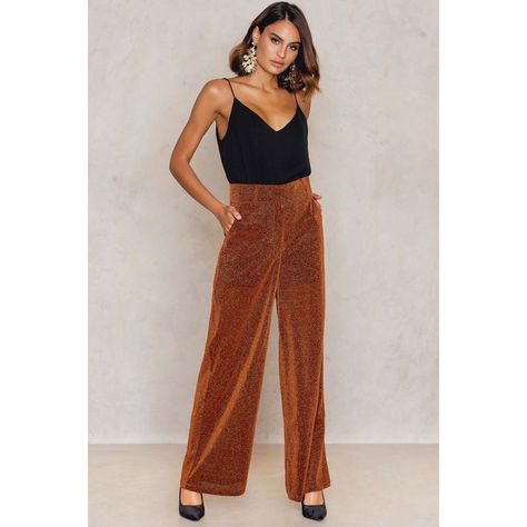 Copper Pants, Cardigan Outfit Aesthetic, Glittery Top, Glitter Pants, Brown Trousers, Wide Trousers, Flared Trousers, Open Bar, Cardigan Outfits