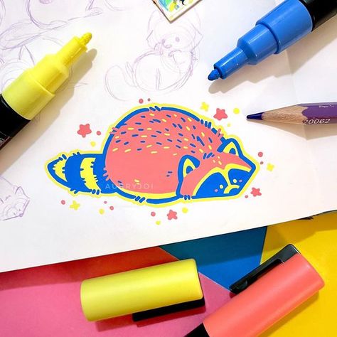 Posca Pastel Art, Paint Pen Drawing Ideas, Posca Doodles, Paint Marker Art Ideas, Silly Raccoon, Pen Doodles, Posca Marker, Posca Art, Gouache Art