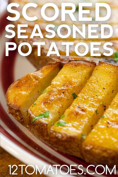 Scored Seasoned Baked Potatoes Scored Seasoned Baked Potatoes, Scored Potatoes, Seasoned Potatoes, Vegetarian Bake, Baked Vegetables, 12 Tomatoes, Potato Side Dishes, Baked Potatoes, Salad Side Dishes