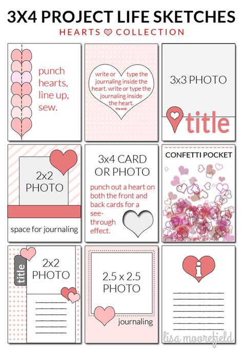 3x4 Project Life sketches using hearts. The sketches can be used for any pocket page scrapbook design. Pocket Page Scrapbooking, Project Life Printables, 잡지 레이아웃, Project Life Scrapbook, Life Sketch, Project Life Album, Project Life Layouts, Project Life Cards, Pocket Letter