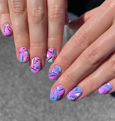 peachi nails on Instagram: “is this an 80s or 90s pattern?! 〰️🛼💜 inspo: @freetobeme_beautybristol 💅🏼 - - - - - #peachinails #nails #nailart #naildesign #nailinspo…” Nail Art 90s Inspired, 1980s Nail Art, 90s Nail Ideas, Nail Art 90s, 90s Nail Designs Art Ideas, 80s Style Nails, 80s Nails Acrylic, 90s Nails Designs, 90s Style Nails