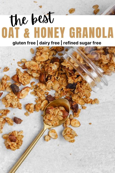 Gronala Recipes Easy, Gronala Recipes, Oat And Honey Granola, Nut Free Granola Recipe, Clean Eating Granola, Gluten Free Granola Recipe, Crispy Granola, Nut Free Granola, Sugar Free Granola