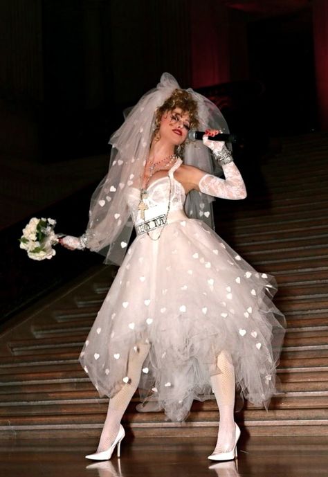 Madonna Costume Like A Virgin, Madonna Like A Virgin Outfit, Madonna Stage Outfits, Maddona 80s Aesthetic, Camp Fashion Wedding, Madona Outfit 80s Costume, Madonna Wedding Dress, The Wedding Singer Costume, Like A Virgin Madonna Costume