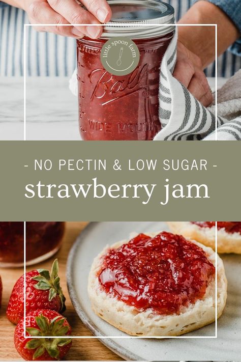 Make this easy Strawberry Jam Recipe with no pectin, and low sugar too! All you need is four ingredients. This preserves recipe uses fresh (or frozen) strawberries. It's easy and so delicious! (Includes canning instructions) Strawberry Jam Frozen Strawberries, No Pectin Strawberry Jam, No Sugar Jam Recipe, Frozen Strawberry Jam Recipe, Strawberry Jam Low Sugar, Frozen Strawberry Jam, No Sugar Strawberry Jam, Strawberry Preserves Recipe, Strawberry Jam Recipe No Pectin