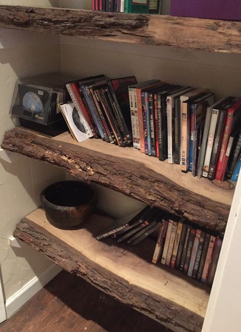 Rustic Book Shelves Ideas, Real Wood Shelves, Rustic Built In Shelves Living Room, Wooden Built In Bookshelves, Natural Wood Bookshelves, Cabin Bookshelves, Natural Bookshelf, Raw Wood Shelves, Stacked Tile Backsplash