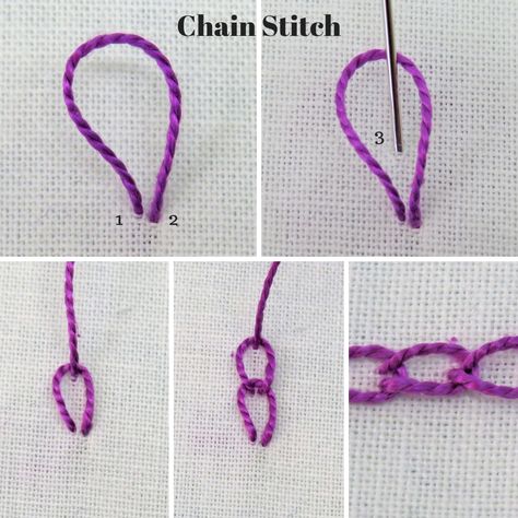 Hand Chain Stitch, Chain Stitch How To, Embroider Chain Stitch, Chain Stitch On Knitting, How To Do A Chain Stitch Embroidery, How To Do Chain Stitch, How To Chain Stitch, How To Chain Stitch Embroidery, Hand Embroidery Chain Stitch