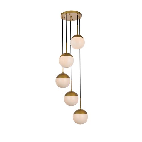 Eclipse Brass and Frosted White 18-Inch Five-Light Pendant Big Entryway, Entryway Chandelier, Hanging Pendant Lamp, Brass Fixtures, Multi Light Pendant, Contemporary Pendant, Elegant Furniture, Globe Pendant, Elegant Lighting