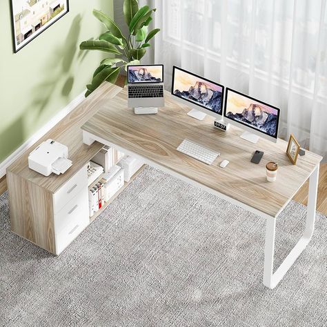 Amazon.com: HOMBCK White Desk with Drawers and Shelves,L Shaped Desk with Drawers and Removable Monitor Stand for Home Office, L Shape Computer Desk, Corner Desk for Bedroom : Home & Kitchen Large L Shaped Desk, Large Corner Desk, L Shaped Desk With Drawers, Craft Tables With Storage, L Shaped Computer Desk, White Home Office, Long Desk, Storage Office, Home Office Computer Desk