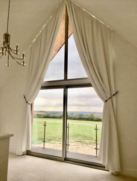 A Frame Curtains Window, Slanted Curtains Sloped Ceiling, Curtains Sloped Ceiling, A Frame Curtains, Slanted Window Curtains, Curtains On Slanted Ceiling, Curtains For Triangle Windows, A Frame Window Curtains, Slanted Windows Curtains