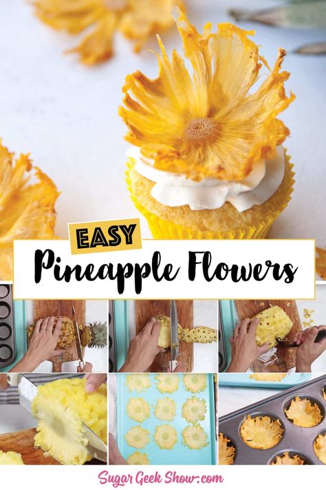 Tropical Cupcakes Decoration, Desserts Pineapple, Dried Pineapple Flowers, Homemade Gummies, Pineapple Corer, Pineapple Flowers, Ripe Pineapple, Dried Pineapple, Cupcakes Ideas