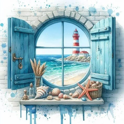 Beach Window Painting, Sea Lighthouse Painting, Circular Window, Stained Glass Patterns Ocean Beach Scenes, House By The Sea Painting, Beach View From Window Drawing, Seaside Art, Beginner Art, Diamond Mosaic