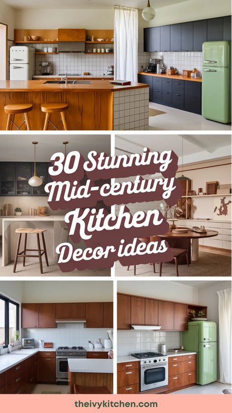 Mid-century kitchen decor ideas with vintage appliances and wooden cabinets.