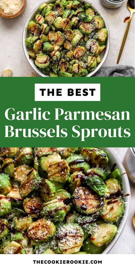 These garlic Parmesan Brussels sprouts are pan-seared and loaded up with fresh garlic and Parmesan cheese. They're so yummy! Brussel Sprouts In Pan, Brussel Sprouts And, Garlic Parmesan Brussels Sprouts, Brussel Sprout Oven Recipes, Brussel Sprouts With Parmesan Cheese, How To Season Brussel Sprouts, Brussels Sprouts With Parmesan Cheese, Garlic Parm Brussel Sprouts, Garlic Recipes Easy