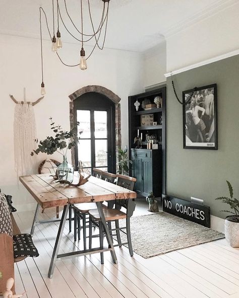 Green feature wall - F&B Lichen Green Dining Room Walls, Green Walls Living Room, Sage Green Living Room, Boho Dining Room, Green Accent Walls, Green Dining Room, Sage Green Bedroom, Green Home Decor, Living Room Green