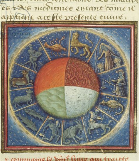 Ms Fr 135 Fol.285 The four elements of the Earth with the twelve signs of the zodiac, from 'Des Proprietez des Choses' by Barthelemy l'Angla... Ancient Zodiac, The Four Elements, Astrology Art, Signs Of The Zodiac, Book Of Hours, Four Elements, Astrology Chart, Medieval Manuscript, Illuminated Manuscripts