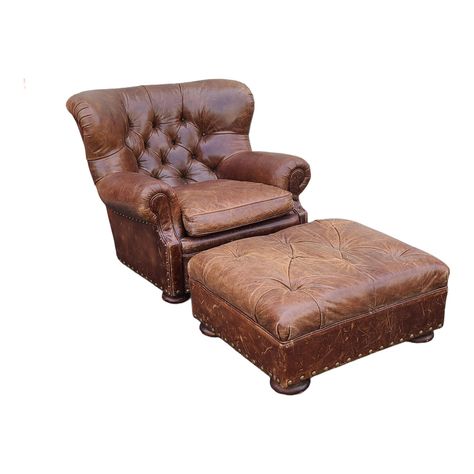 Ralph Lauren Brown Leather Tufted Writer's Wing Chair & Ottoman 913-03 913-04, C1990s | Chairish Wingback Chairs, Traditional Numbers, New Rochelle, Tufted Leather, Chair Ottoman, Lauren Brown, Wing Chair, Perfect Life, Wingback Chair