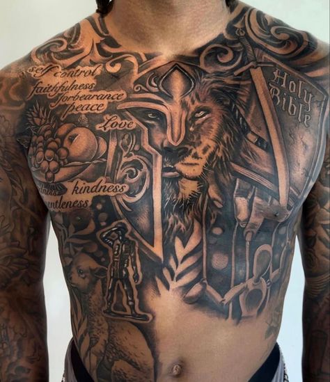 Whole Stomach Tattoo, Trapezius Tattoo Men, Full Back Piece Tattoo Men, Black Men Back Tattoos, Trap Tattoo, Chest Tattoos Men, Chest Piece Tattoos Mens, Stomach Tattoos For Guys, Chest Tattoo Men Ideas