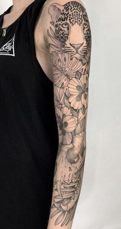 Jungle Tattoo Ideas Sleeve, Tropical Sleeve Tattoo Men, Tropical Leg Sleeve Tattoo, Black And Grey Plant Tattoo, Jungle Tattoo Ideas For Women, Tropical Forest Tattoo, Jungle Themed Tattoo, Jungle Leg Tattoo, Jungle Sleeve Tattoo Women