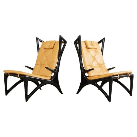 Check out this item from 1stdibs! Pair of Italian Gio Ponti Style Ebonized Lounge Chairs: https://www.1stdibs.com/id-f_32698792 Headrest Pillows, Wing Chairs, Leather Cushions, Italian Designers, Italian Mid Century Modern, Tufted Leather, Gio Ponti, Black Lacquer, Leather Cushion