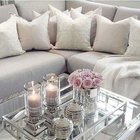 Silver Glam Living Room, Table Decor Living Room, Mirror Tray, Living Room Decor Cozy, New Living Room, Decorating Coffee Tables, Beautiful Pillows, Living Room Inspiration, Living Room Interior