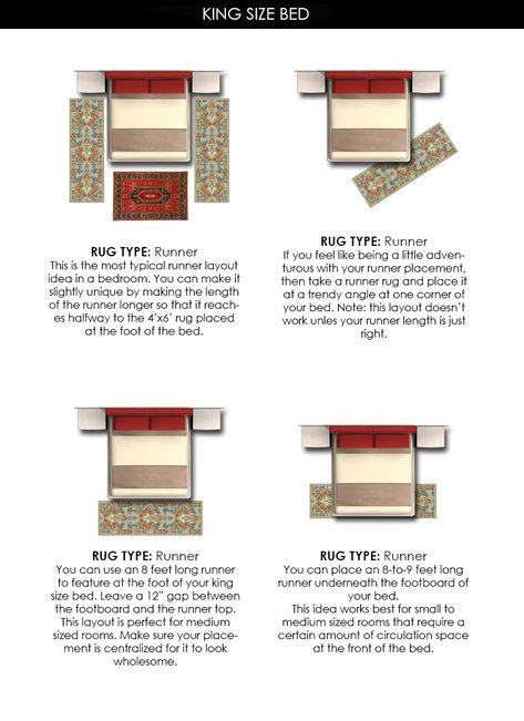 What Size Rug for a King Bed? Chart & Layout Designs - Homely Rugs Circle Rug Under King Bed, California King Rug Size, Runner Under Bed, Runners By King Bed, Rug Runners Around King Bed, Bed Runner Size Chart, Bed With Runner Rug, Runners Around King Bed, Runners Beside Bed