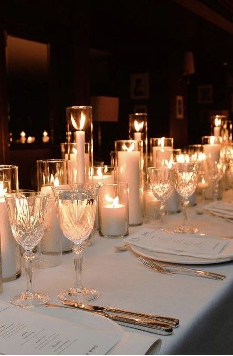 Alternating Tablecloths Wedding, Candles Aesthetic Wedding Table, Wedding Reception Candles Romantic, Candle Ideas For Wedding Tables, Wedding Table All Candles, Elegant Glamour Wedding Decor, Modern Wedding Candles, Wedding Lighting Indoor Receptions Romantic, All Candle Wedding Reception