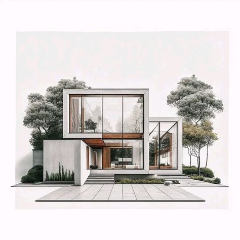 Perspective Drawing Architecture, Interior Design Renderings, Architecture Portfolio Design, Facade Architecture Design, Architectural Rendering, Casas The Sims 4, Architecture Design Sketch, Architecture Design Drawing, Modern House Facades