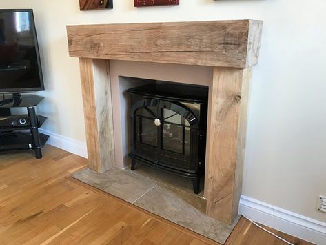 Oak Beam Fireplace, Corner Wood Stove, Oak Fire Surround, Floating Fireplace Mantel, Wooden Fireplace Surround, Reclaimed Wood Fireplace, Fire Surrounds, Faux Fireplace Mantels, Oak Beams