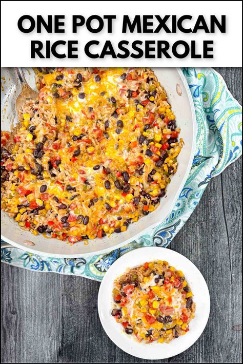 For an easy vegetarian dinner try this one pot Mexican rice casserole. Full of flavor from a mixture of veggies, beans, rice, spice and cheese. This hearty meatless meal is made in one pan and perfect for a busy weeknight meal. One Pot Mexican Rice Casserole, One Pot Mexican Rice, Mexican Beans And Rice, One Pot Mexican, One Pot Rice Meals, Rice Spices, Mexican Rice Casserole, Southwestern Recipes, Vegetarian Mexican