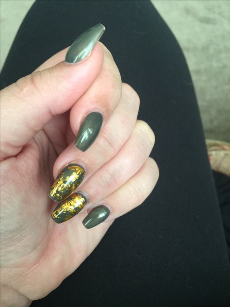 Grayish/green nails with gold foil Green Nails Gold Foil, Green Nails Gold, Green Nails With Gold, Nails With Gold, Grayish Green, Nails Gold, Gold Nails, Green Nails, Gold Foil