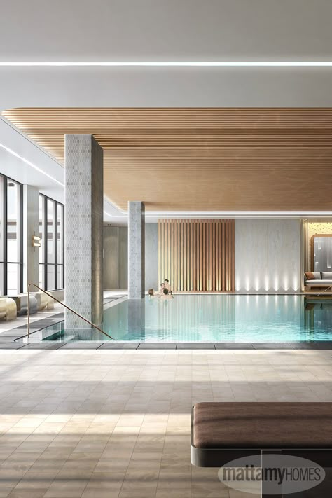 Modern, state of the art indoor pools are one of many amenities that Mattamy’s GTA condos offer for city living. Residential Indoor Pool, House Design Pool, Pool Furniture Ideas, Pool Clothes, Pool Decorating Ideas, Small Pools Backyard, Luxury Pools Indoor, Mattamy Homes, Pool Makeover